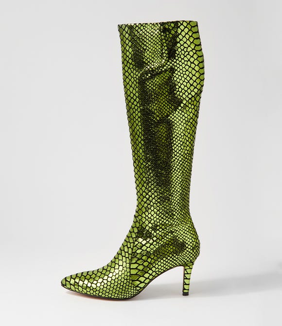Chime Lime Metallic Snake Knee High Boots