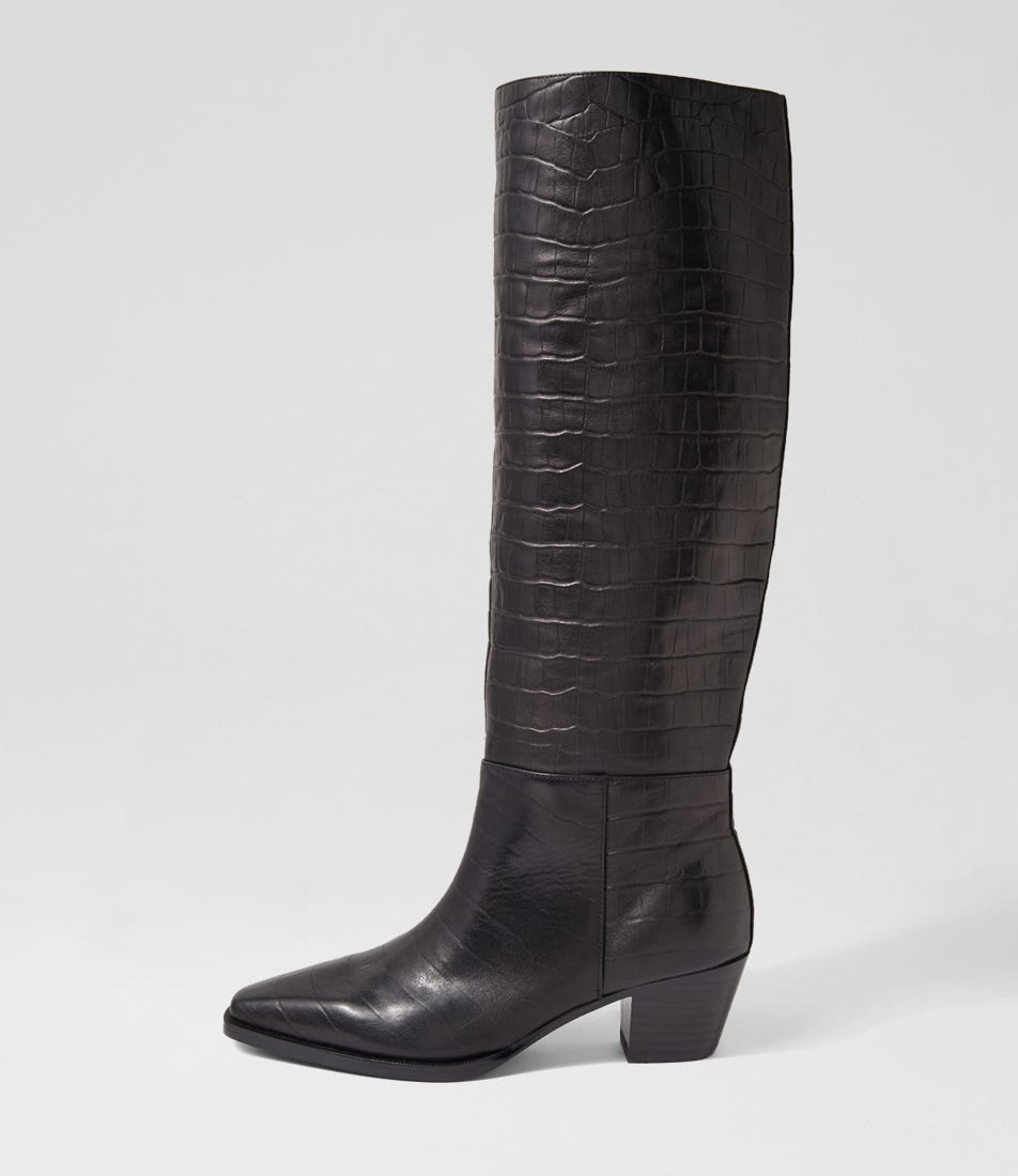 Joelle Black Croc Leather Knee High Boots by Mollini Shop Online at Mollini