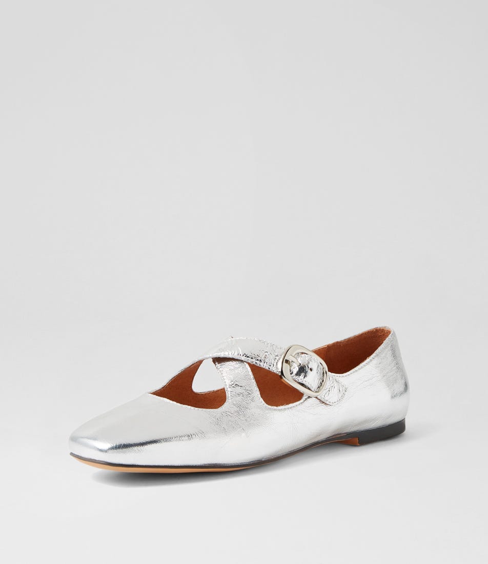 Nowa Silver Crinkle Patent Flat Shoes