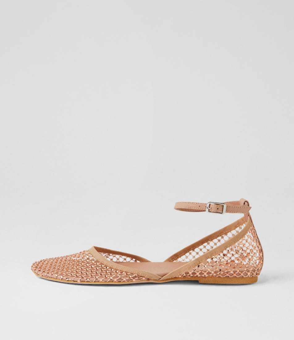 Ashella Nude Jewel Mesh Leather Flat Shoes