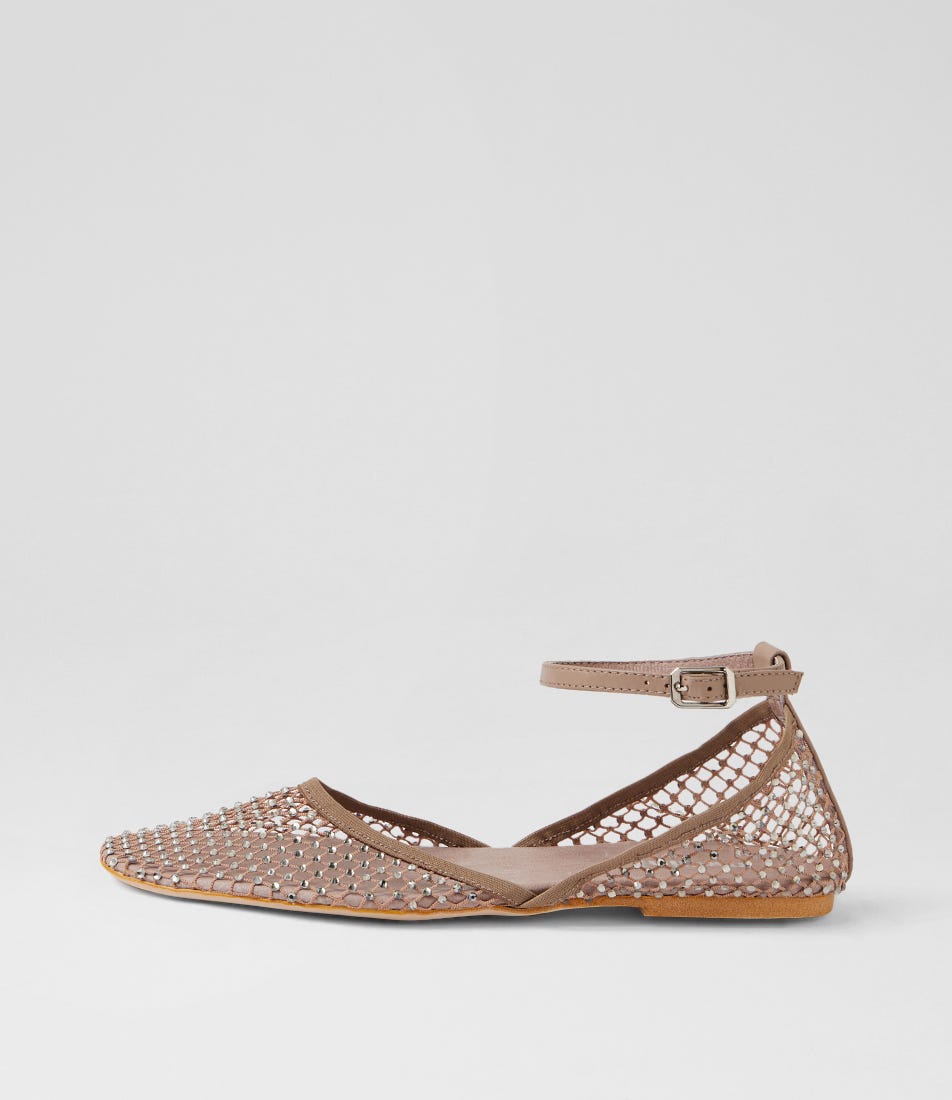 Ashella Taupe Jewel Mesh Leather Flat Shoes