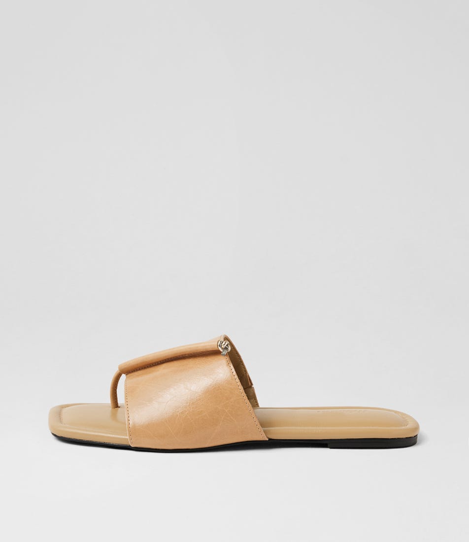 Misam Camel Crinkle Leather Slides