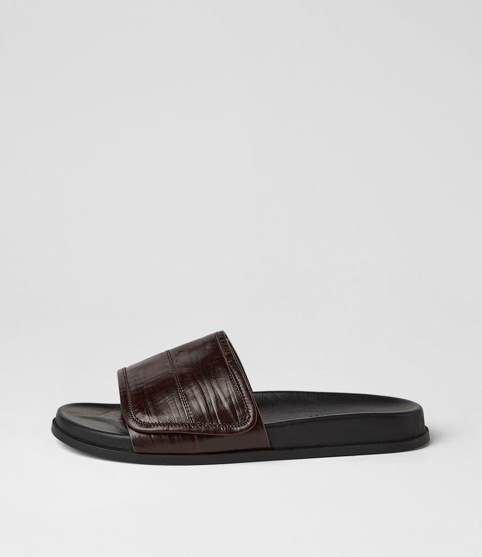 Hyobi Choc Black Embossed Leather Slides